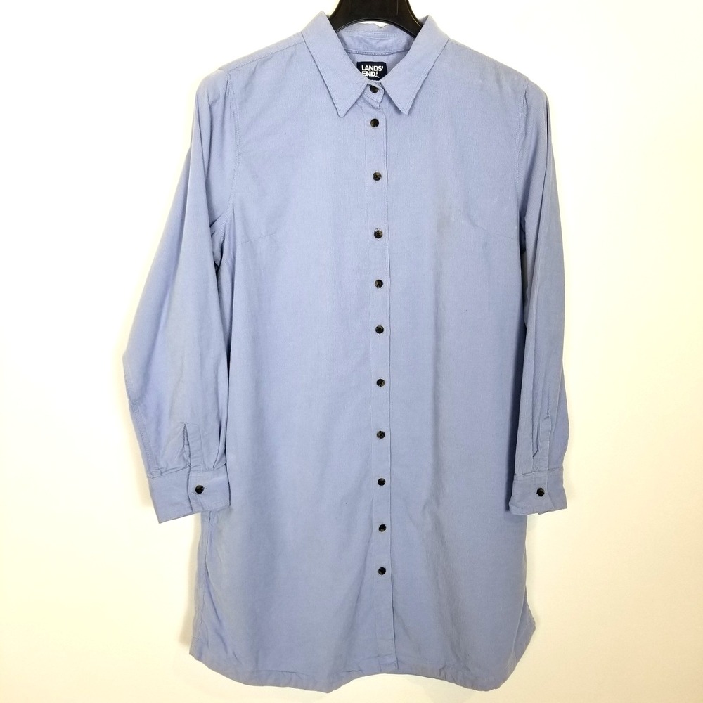 Lands' End Nautical Coastal Corduroy Shirt Dress Sz L Sky‎ Blue Button Up
